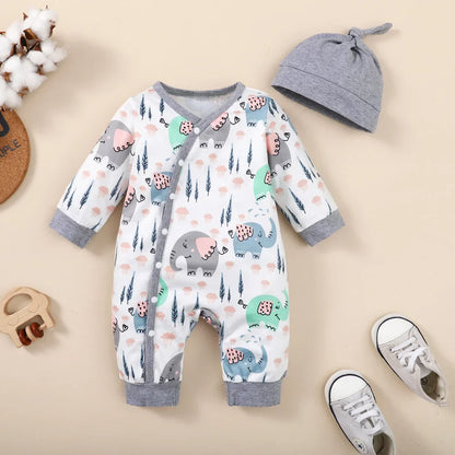 Unisex baby romper with functional snap buttons for easy diaper changes, animal print.