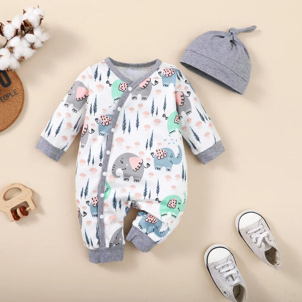 Organic cotton blend unisex animal print romper, a great baby gift option.