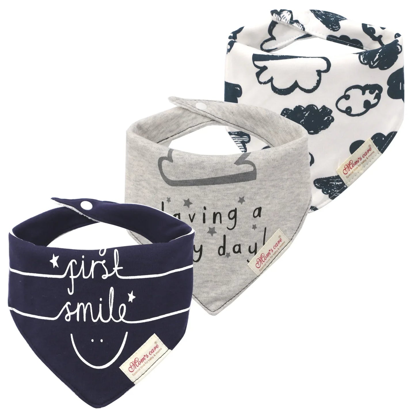 Cotton bandana bib for babies, featuring strong, secure snaps for adjustable fit, prevents drooling mess