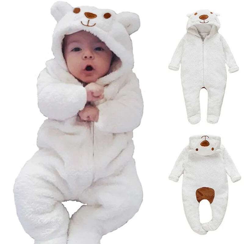 Unisex baby bear hooded romper, soft cotton blend, for newborns, front view