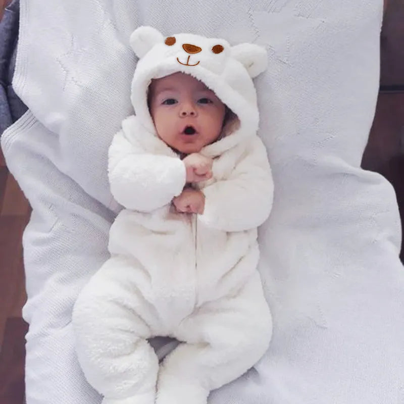 Side view of unisex baby bear hooded romper, quality cotton blend, spring/autumn wear