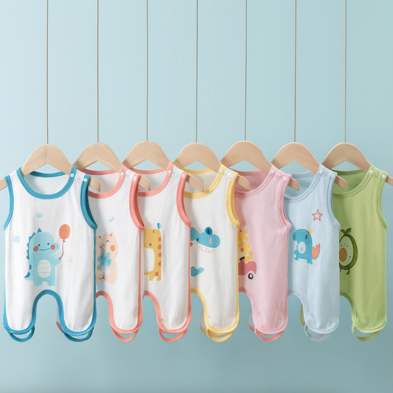 Unisex baby breathable cotton summer romper sleepwear with short sleeves, ideal for newborns.