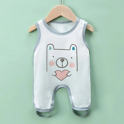 Close-up of soft cotton baby romper, perfect for summer, featuring easy diaper access.