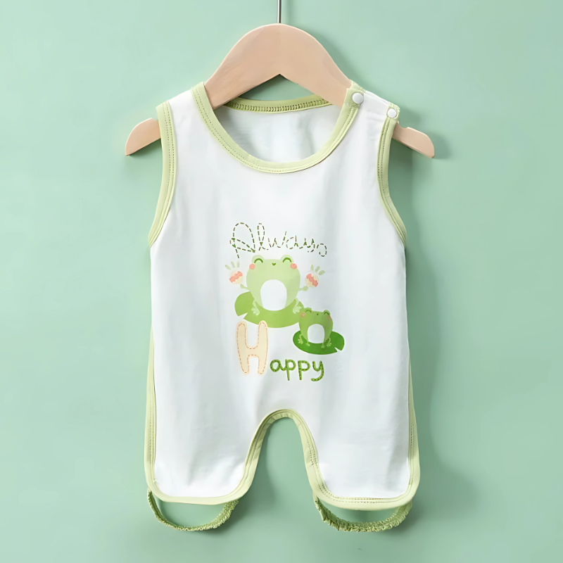 Adorable baby in a breathable cotton summer romper, enjoying playtime.