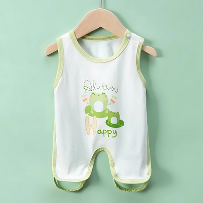 Adorable baby in a breathable cotton summer romper, enjoying playtime.
