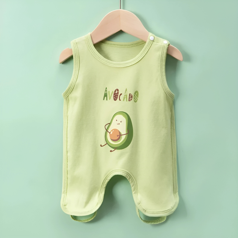 Detail of snaps on a unisex cotton summer romper, designed for easy diaper changes.