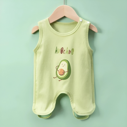 Detail of snaps on a unisex cotton summer romper, designed for easy diaper changes.