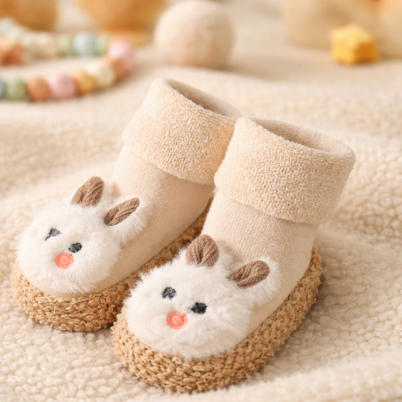 Baby's first walker sock shoes with a unisex bunny motif, designed for comfort and slip-free early walking.