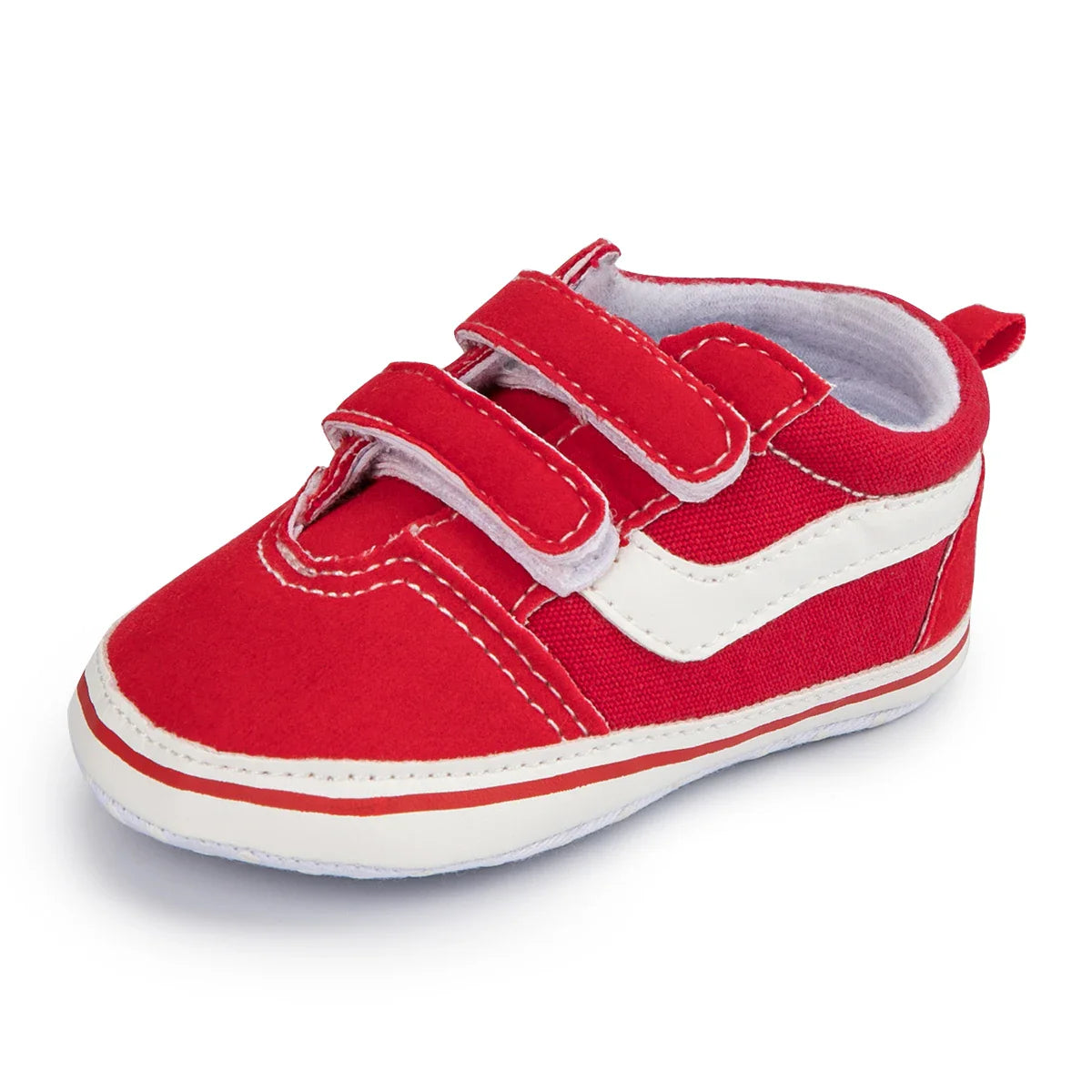 Side view of comfortable infant canvas shoes, soft sole design for baby's developing balance.