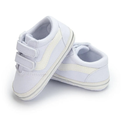 Comfortable hook and loop canvas baby shoes, soft sole infant walkers for easy on/off.