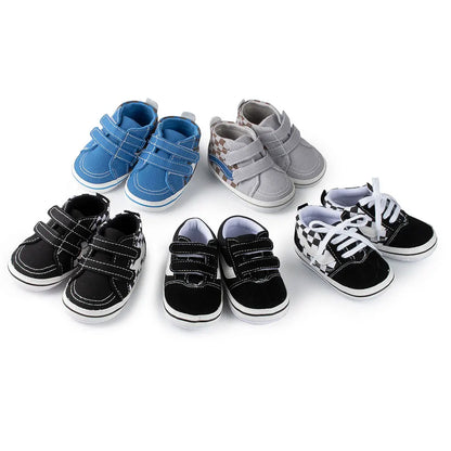 Newborn footwear: unisex canvas first walkers with flexible soft soles for tiny feet.