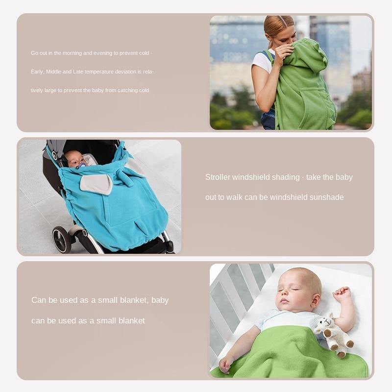 Grey elephant baby carrier warm hoodie, soft infant cover, perfect stroller accessory for chilly days.