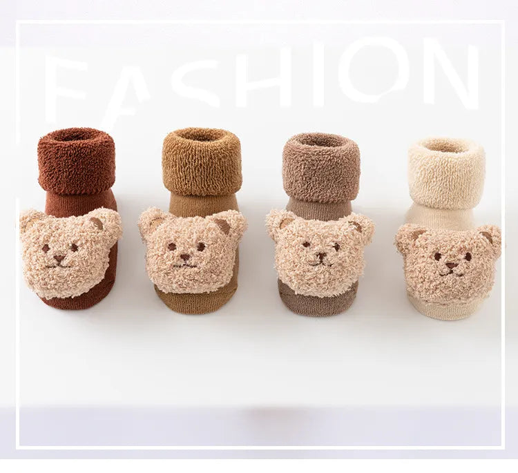 Warm anti-slip winter socks for baby, featuring a fun embroidered cartoon bear