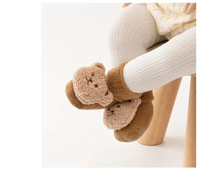 Toddler grip socks for winter, cartoon bear design providing extra traction