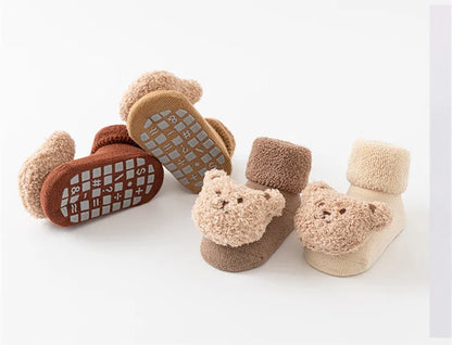 Adorable cartoon bear anti-slip baby socks, essential cozy winter accessory