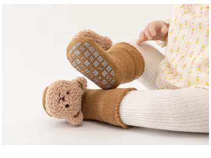 Unisex anti-slip winter socks for infants, soft cotton with happy cartoon bear
