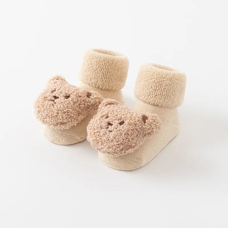 Unisex infant anti-slip socks, warm winter cotton with a playful bear motif