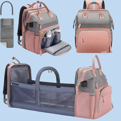 Unisex baby changing backpack in gray, showing front with multiple pockets and insulated bottle holders