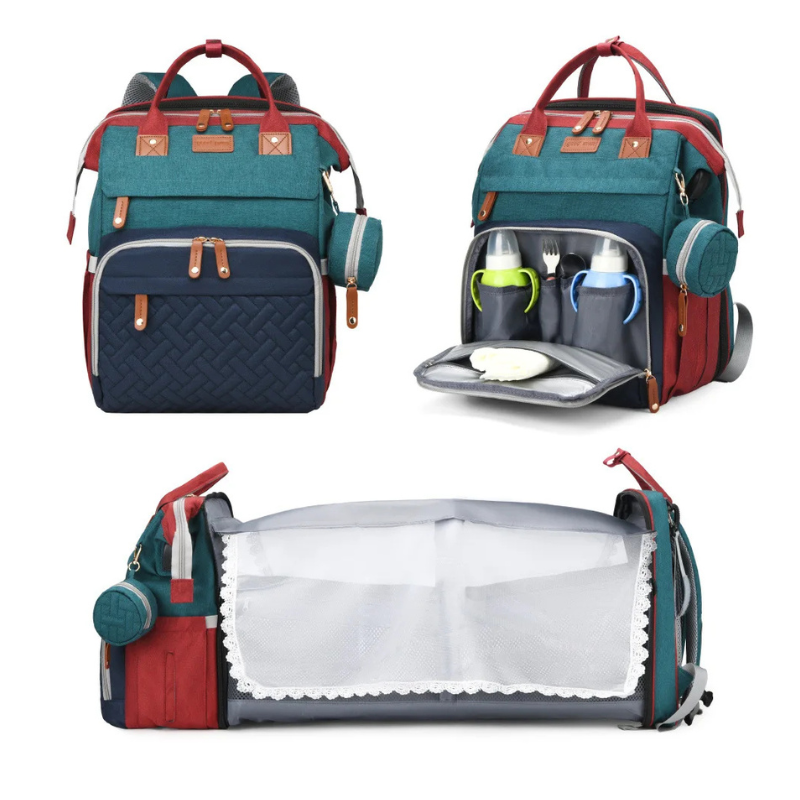 Baby changing backpack in a neutral color, hanging on a stroller, demonstrating its hands-free convenience