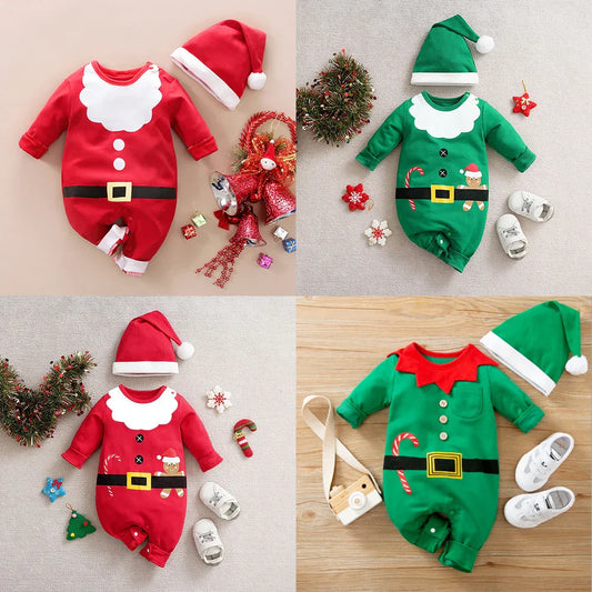 Unisex baby Christmas costume, red & white striped, soft cotton, full body view, perfect holiday wear for infants