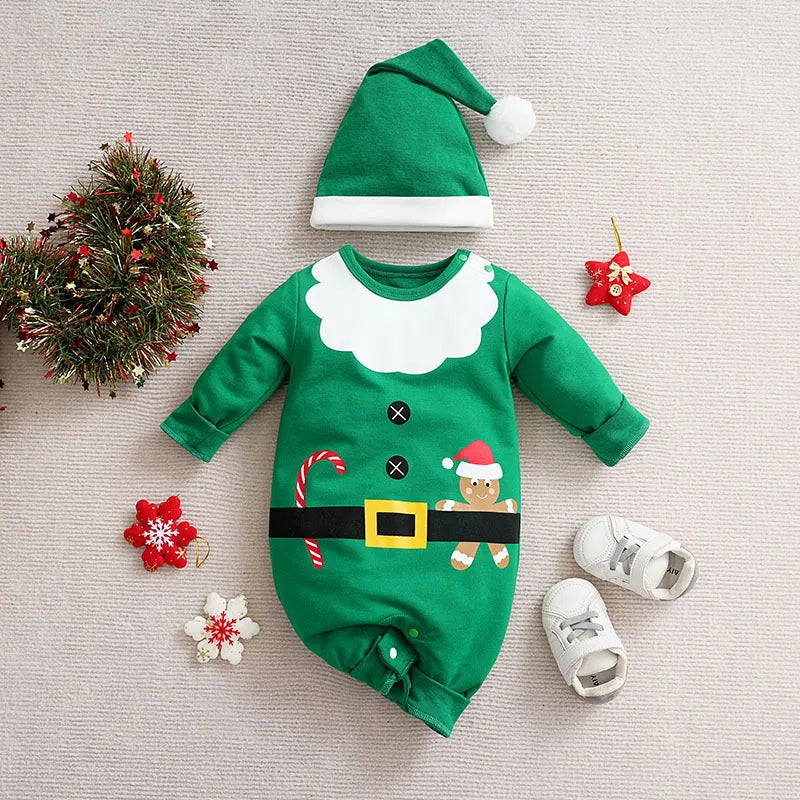 Unisex baby feet in the integrated footies of a soft cotton Christmas costume, cozy and warm winter fashion