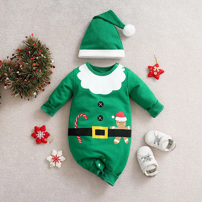 Unisex baby feet in the integrated footies of a soft cotton Christmas costume, cozy and warm winter fashion