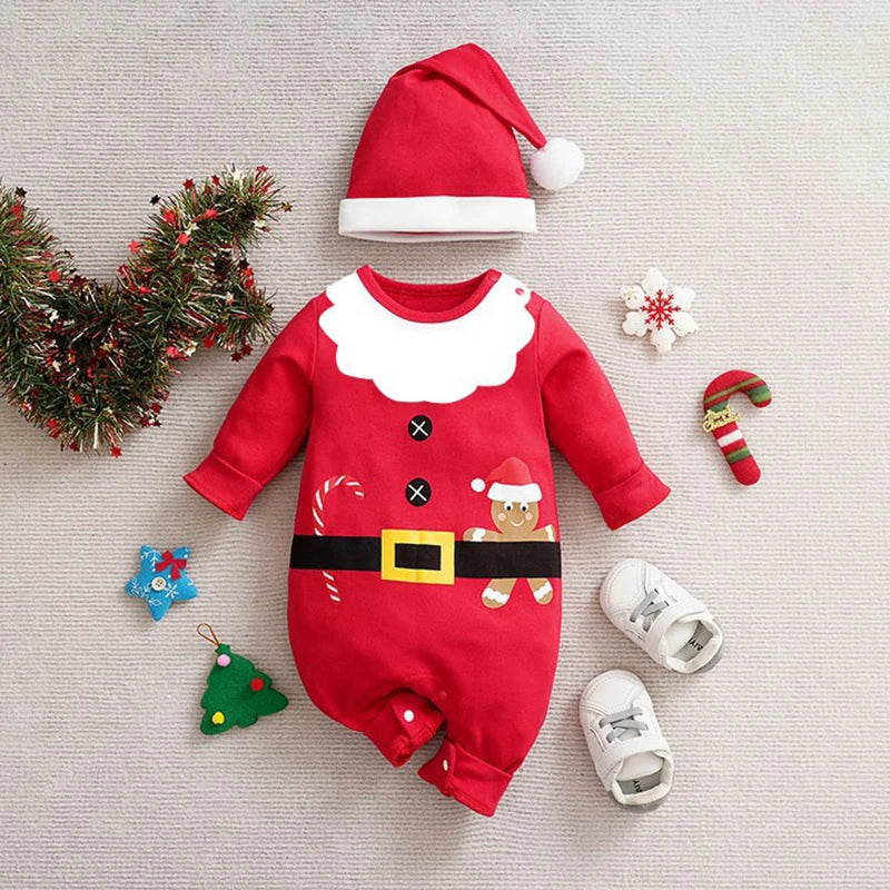 Packaging for a unisex baby Christmas costume, highlighting soft cotton material & holiday theme, infant clothing