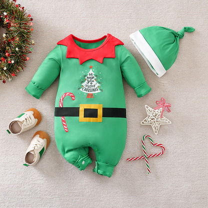 Unisex baby wearing a red & white soft cotton Christmas costume, smiling, suitable for infants, festive attire