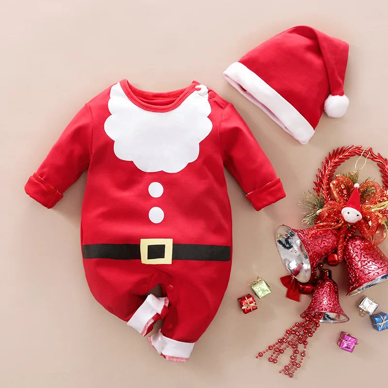 Happy baby wearing a unisex Christmas costume, red and white, made of soft cotton, cozy winter fashion