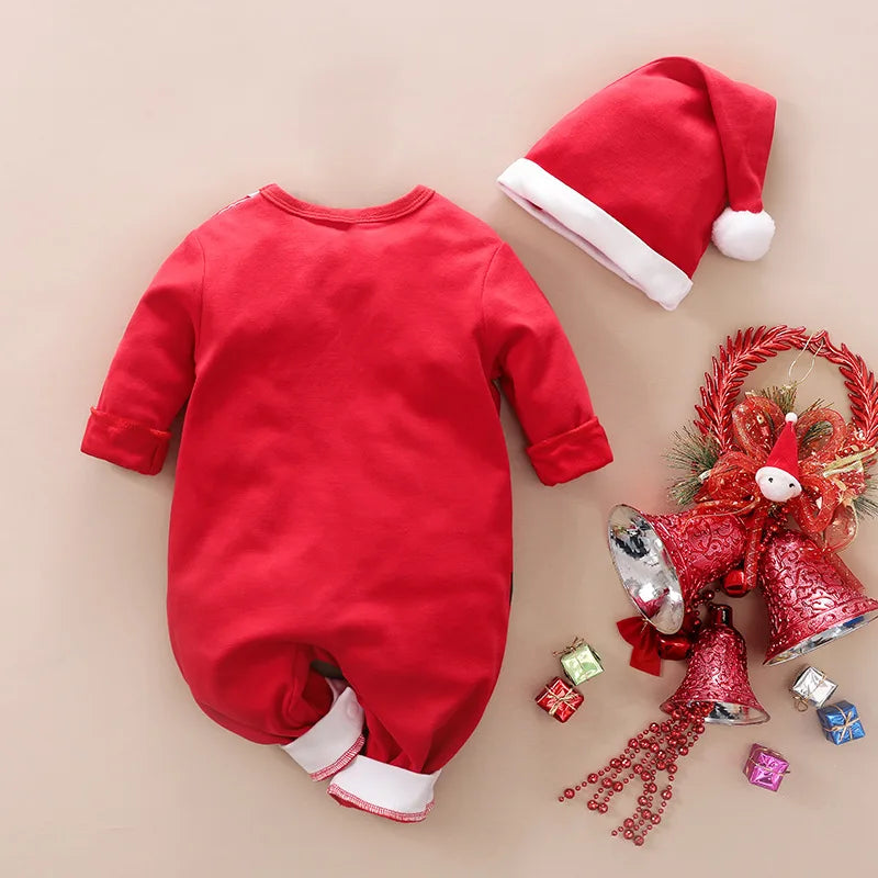 Unisex baby in a festive red & white striped Christmas costume, soft cotton, playing on a rug, infant outfit