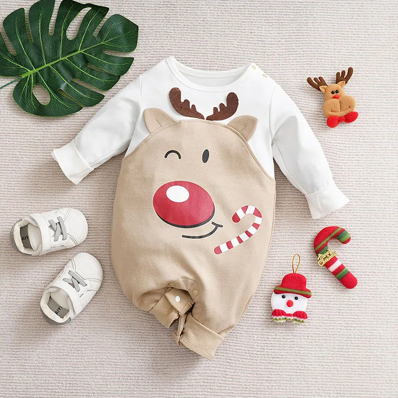Back view of a unisex baby Christmas costume, showing snap closures & soft cotton material, practical design
