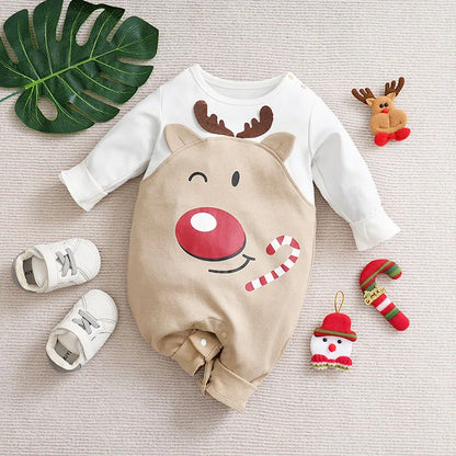 Back view of a unisex baby Christmas costume, showing snap closures & soft cotton material, practical design