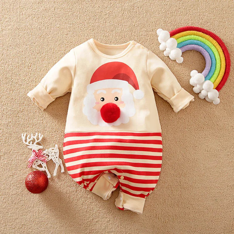 Unisex baby modeling a red and white soft cotton Christmas costume, sitting, showing full outfit, holiday wear