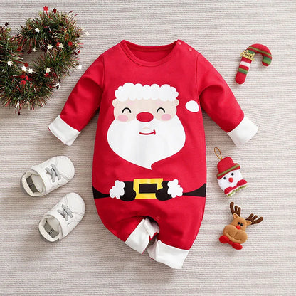 Detail of the embroidered element on a unisex baby Christmas costume, soft cotton, festive design, baby gift idea