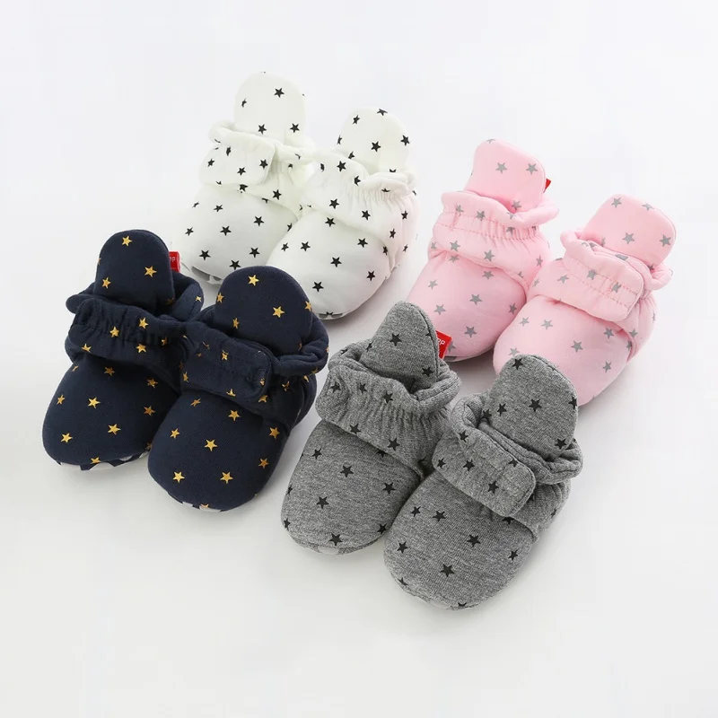 Unisex baby cotton anti-slip booties, soft sole infant shoes for newborns, perfect baby gift.