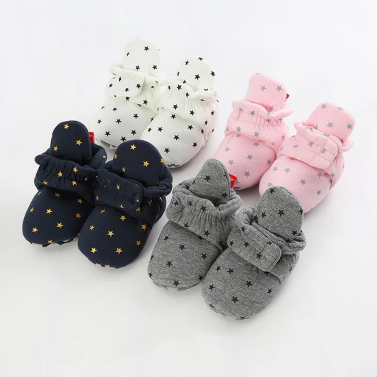 Unisex baby cotton anti-slip booties, soft sole infant shoes for newborns, perfect baby gift.