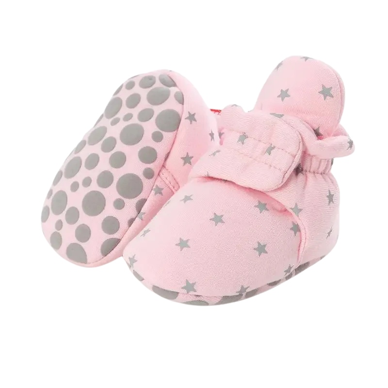 Pair of unisex baby booties, featuring anti-slip soles and breathable cotton fabric, newborn essentials.