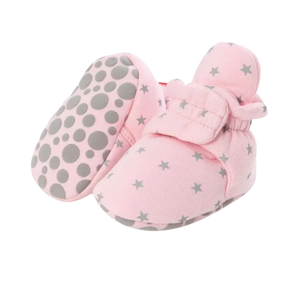 Pair of unisex baby booties, featuring anti-slip soles and breathable cotton fabric, newborn essentials.