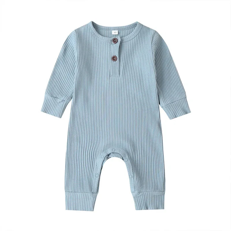 Autumn baby wear: unisex long sleeve romper in soft cotton, great for sensitive infant skin.