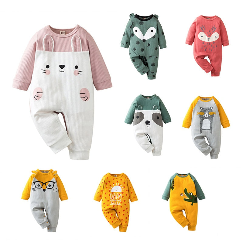 Unisex baby cotton romper bodysuit with cute cartoon graphic print, perfect for infants & toddlers.