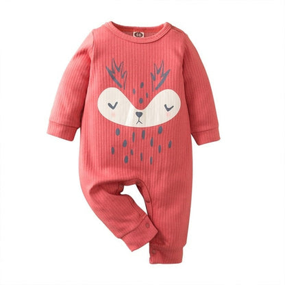 Unisex baby cotton romper with charming cartoon animal graphic, great for any baby's wardrobe.