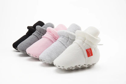 Unisex baby first walker sock shoes with breathable cotton fabric, close-up.