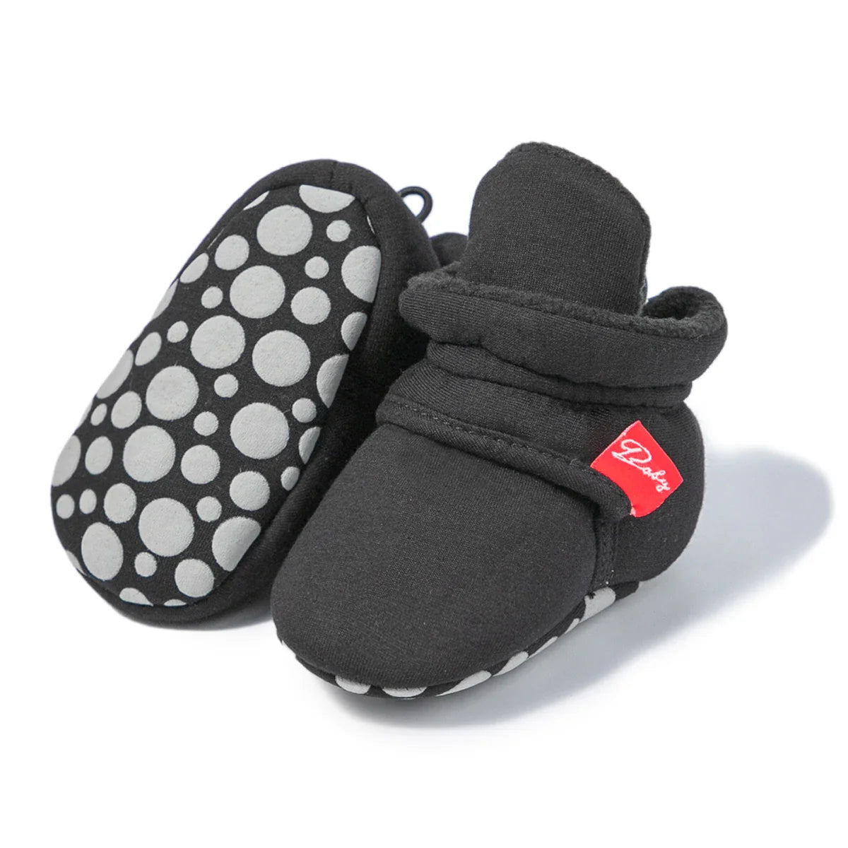 Close-up of gray unisex baby first walker sock shoes, showing cotton soft sole detail.