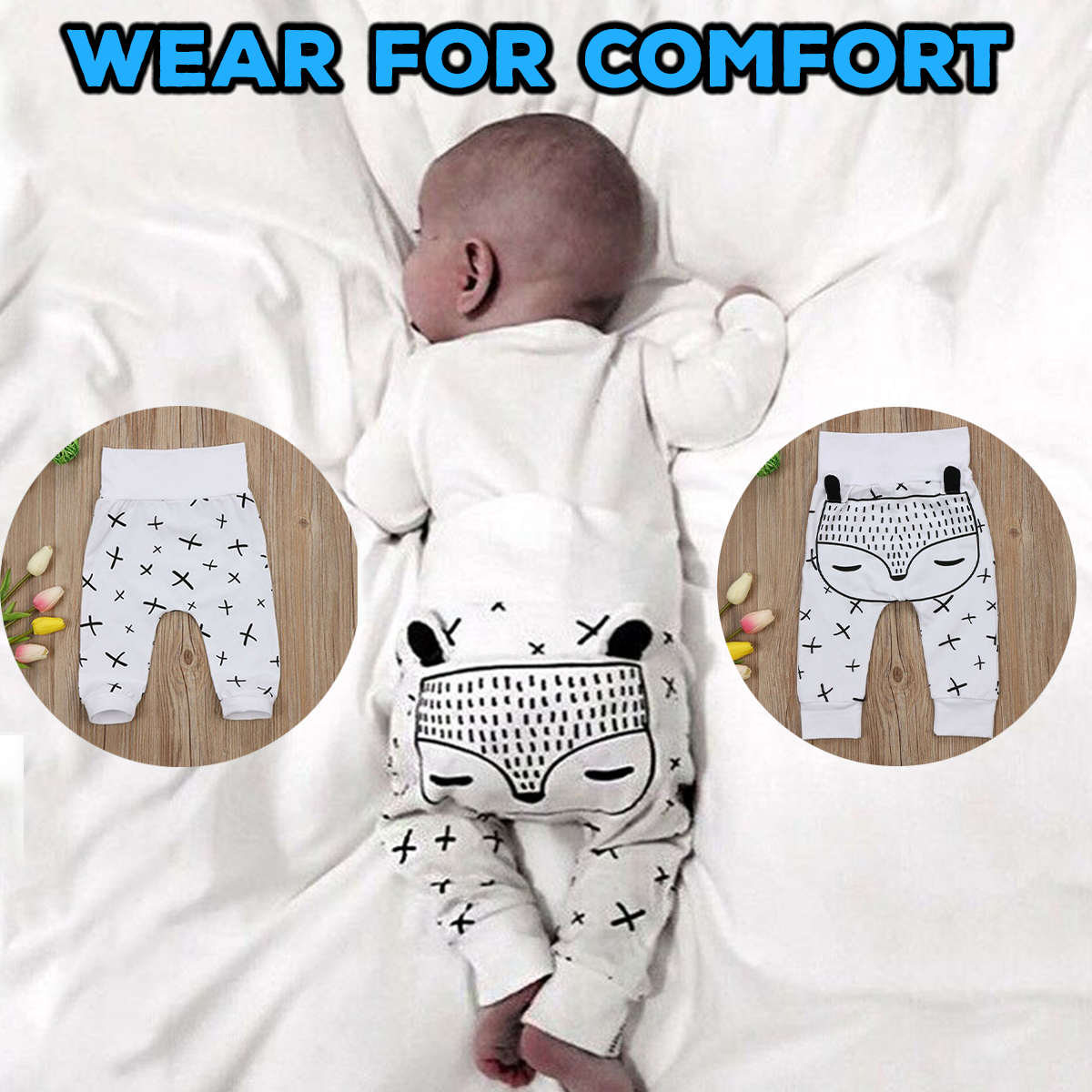 Soft cotton baby pants featuring an adorable black and white panda print for kids