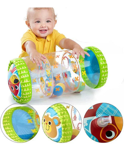 Baby reaching for a vibrant crawling discovery ball, enhancing motor skills and infant development.