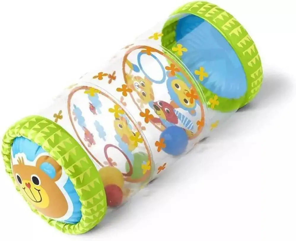 Close-up of a portable baby crawling discovery ball with rattles, perfect for toddler activity.