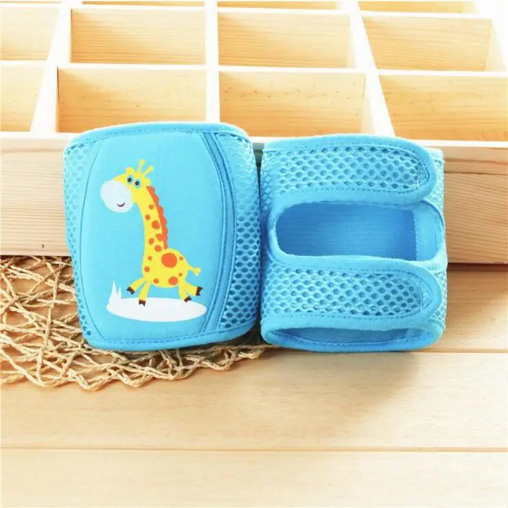 Toddler in a playpen, wearing knee pads, ensuring safety during exploration