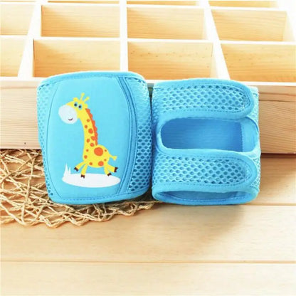 Toddler in a playpen, wearing knee pads, ensuring safety during exploration