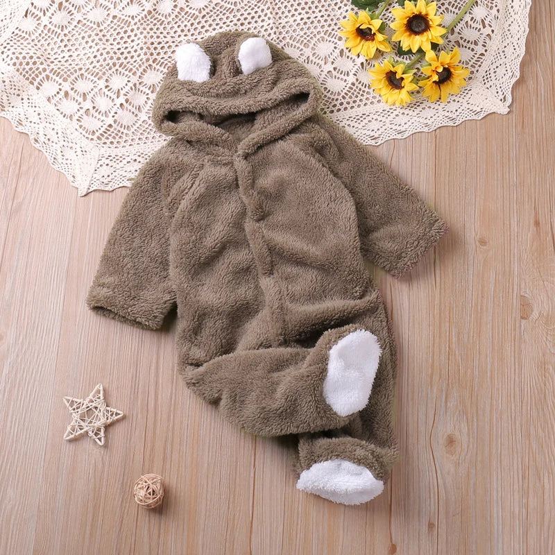 Unisex baby embroidered cartoon hooded jumpsuit in soft cotton for winter warmth
