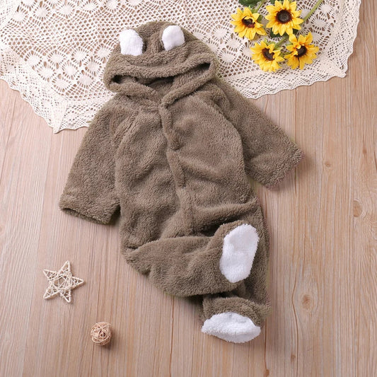 Unisex baby embroidered cartoon hooded jumpsuit in soft cotton for winter warmth